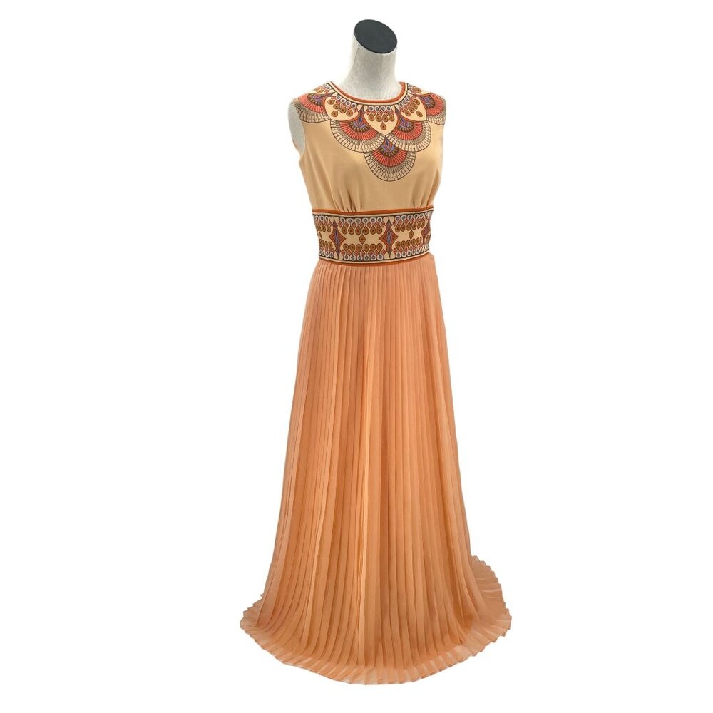 70s 60s Alfred Shaheen Vintage Pleated Skirt Screen Printed Maxi Gown